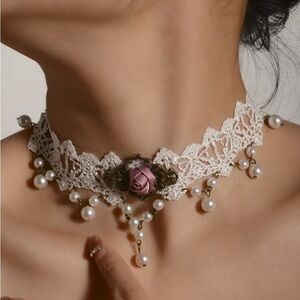 Vintage Handmade Elegant Lace Choker with Pearls